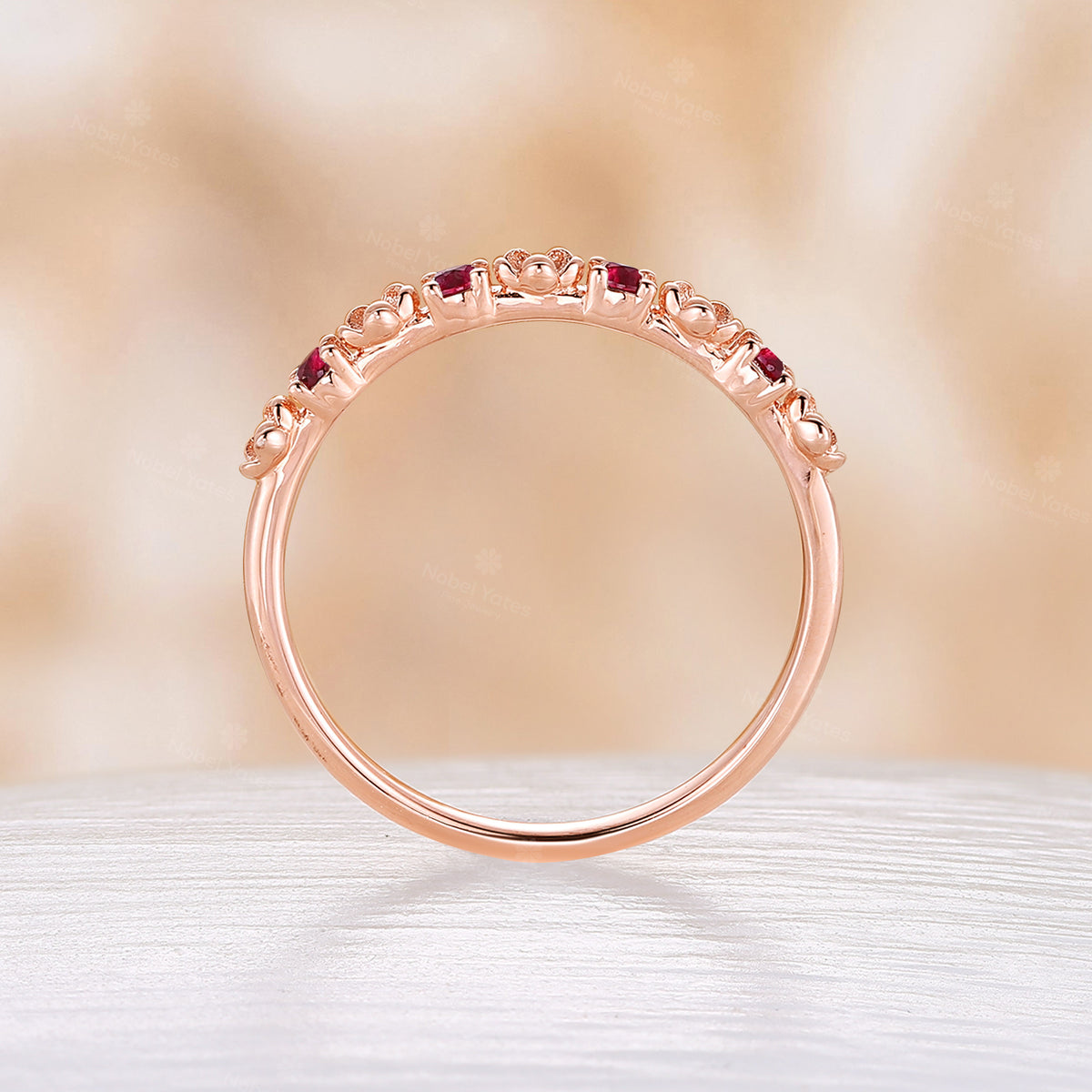 Nature Foral Rose Gold Round Lab Ruby Straight Wedding Band