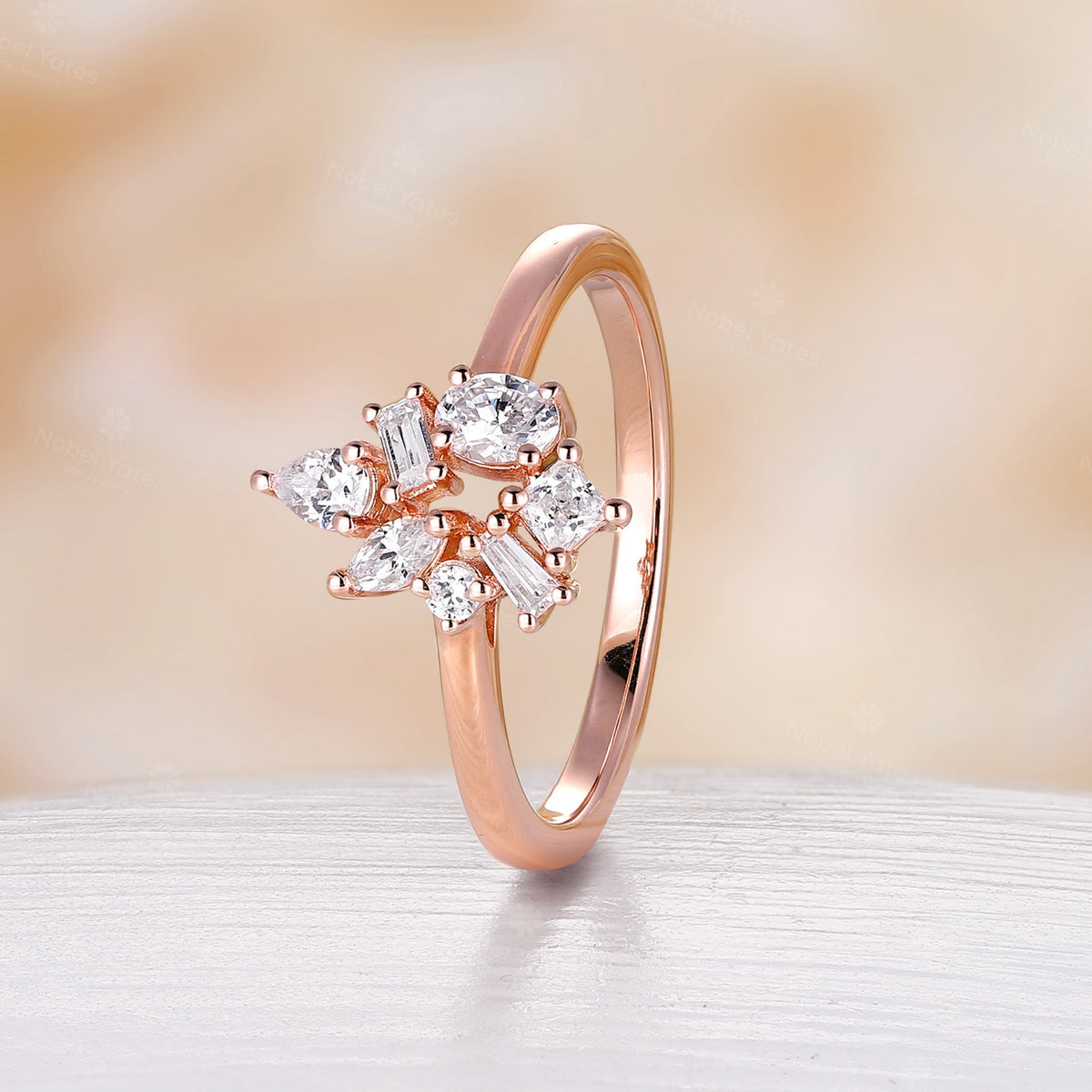 Vintage Cluster Moissanite Rose Gold Pear Baguette Marquise Shape Engagement Ring