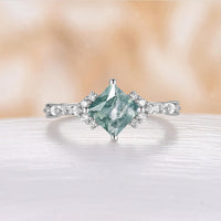 Princess Cut Moss Agate Rose Gold Engagement Ring Moissanite Side Stones