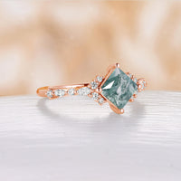 Princess Cut Moss Agate Rose Gold Engagement Ring Moissanite Side Stones