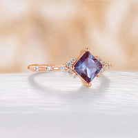 Princess Cut Lab Alexandrite Engagement Ring Rose Gold Bubble Band