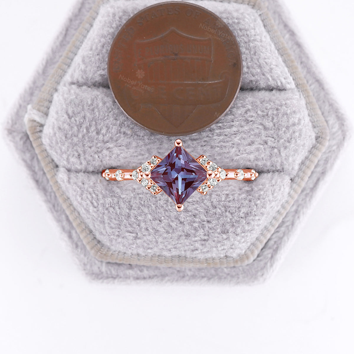 Princess Cut Lab Alexandrite Engagement Ring Rose Gold Bubble Band