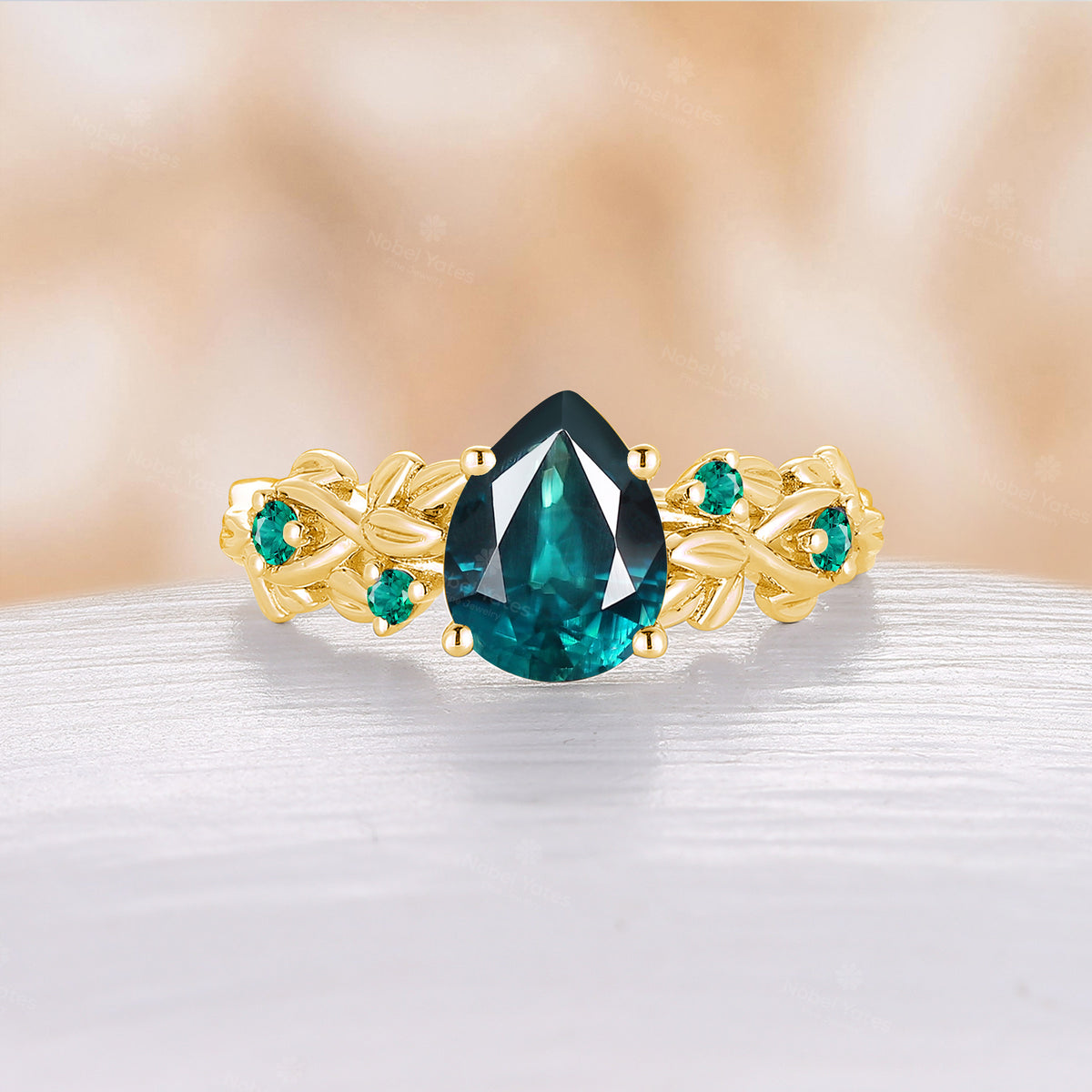 Nature Inspired Pear Teal Sapphire Rose Gold Engagement Ring Unique Twist Band