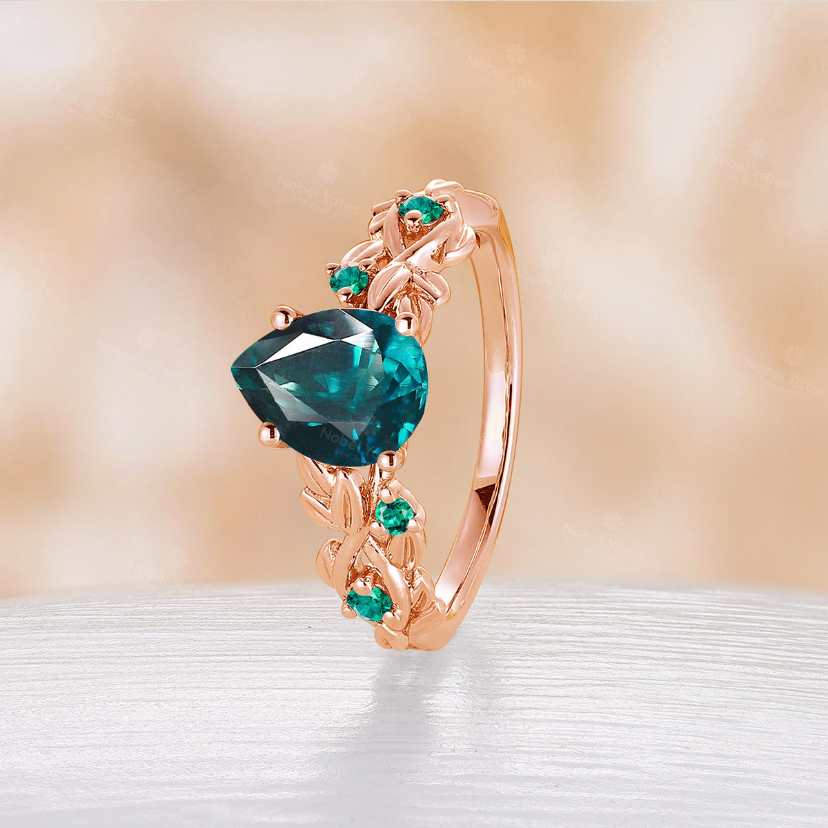 Nature Inspired Pear Teal Sapphire Rose Gold Engagement Ring Unique Twist Band