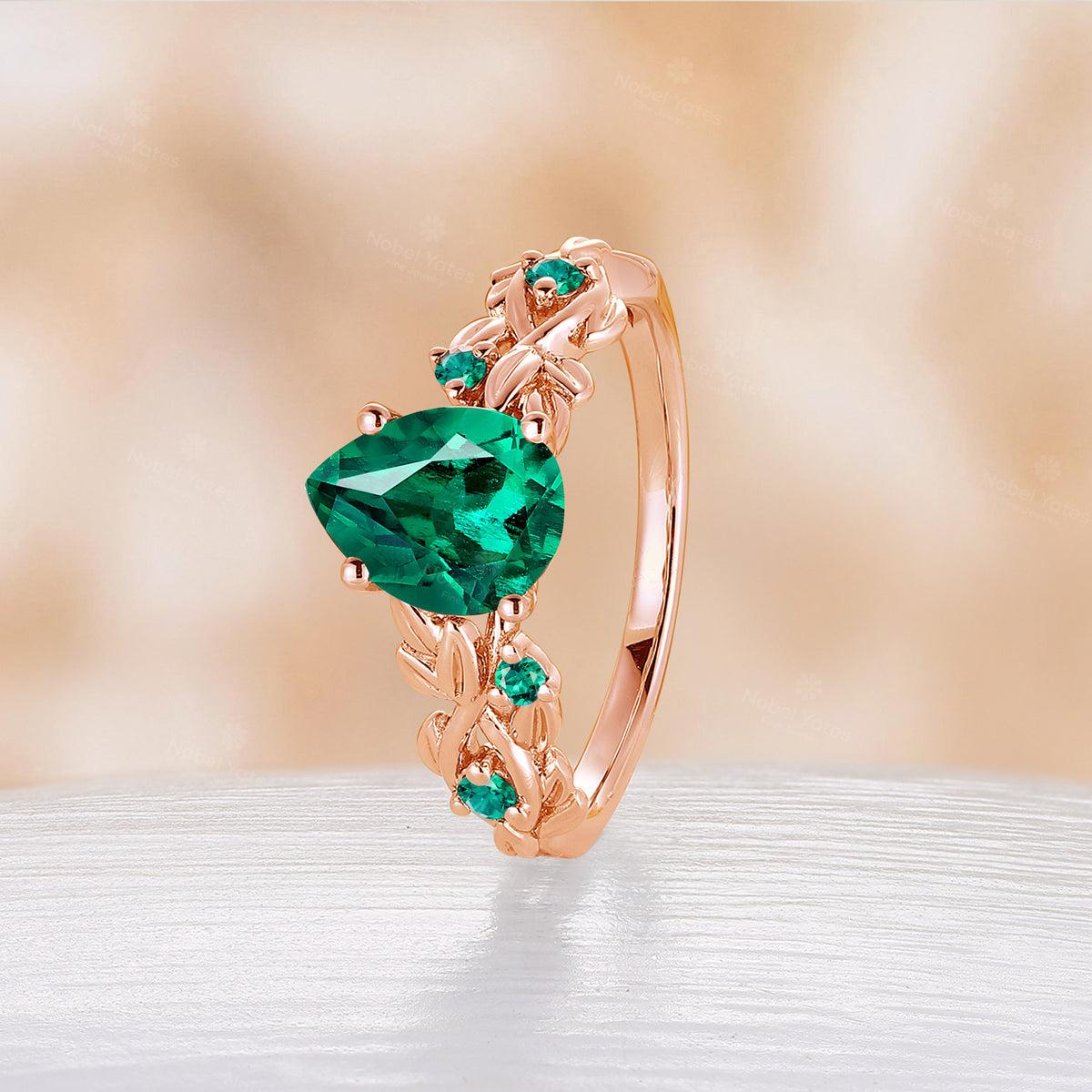 Pear Shape Lab Emerald Nature Inspired Rose Gold Engagement Ring Unique Twist Band