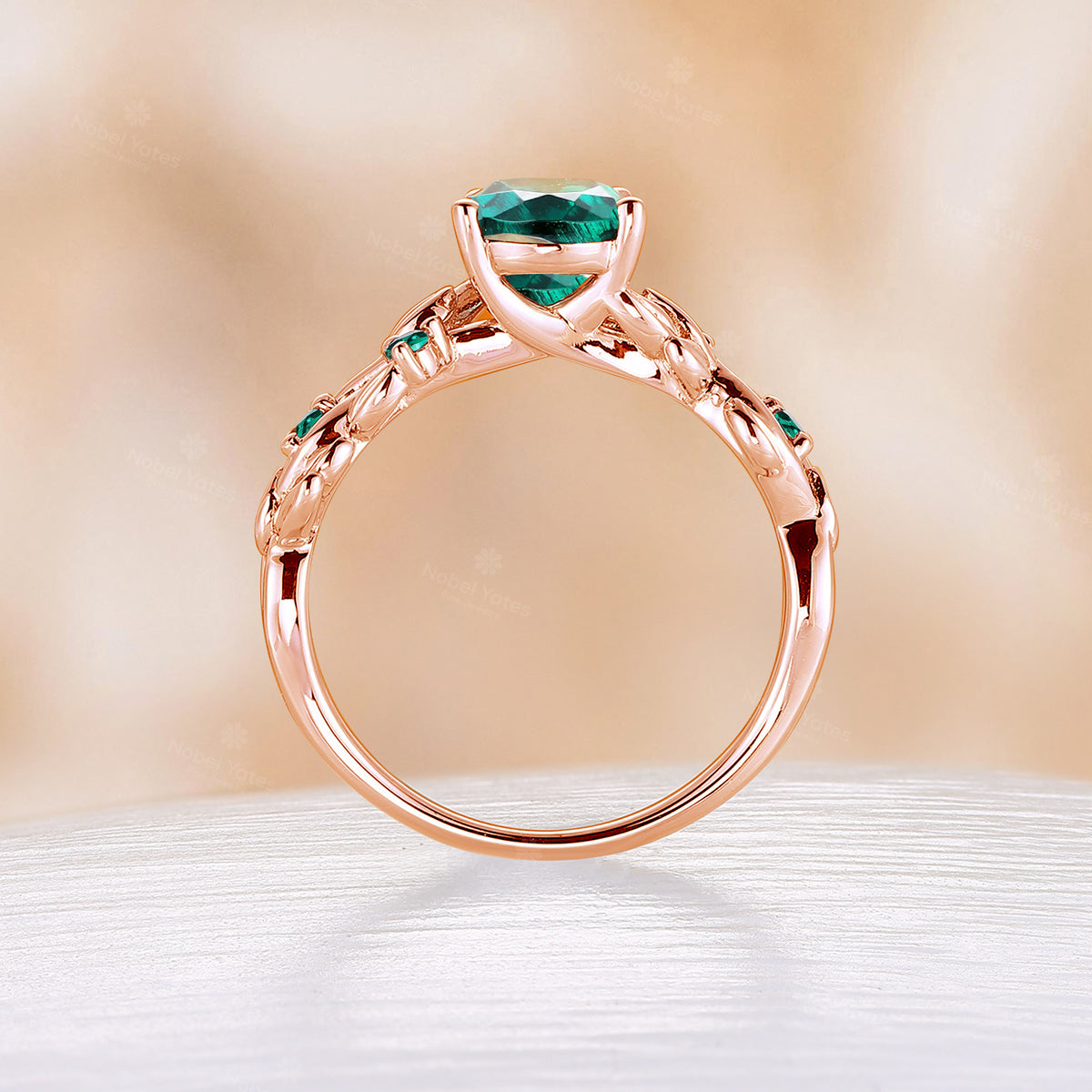 Pear Shape Lab Emerald Nature Inspired Rose Gold Engagement Ring Unique Twist Band