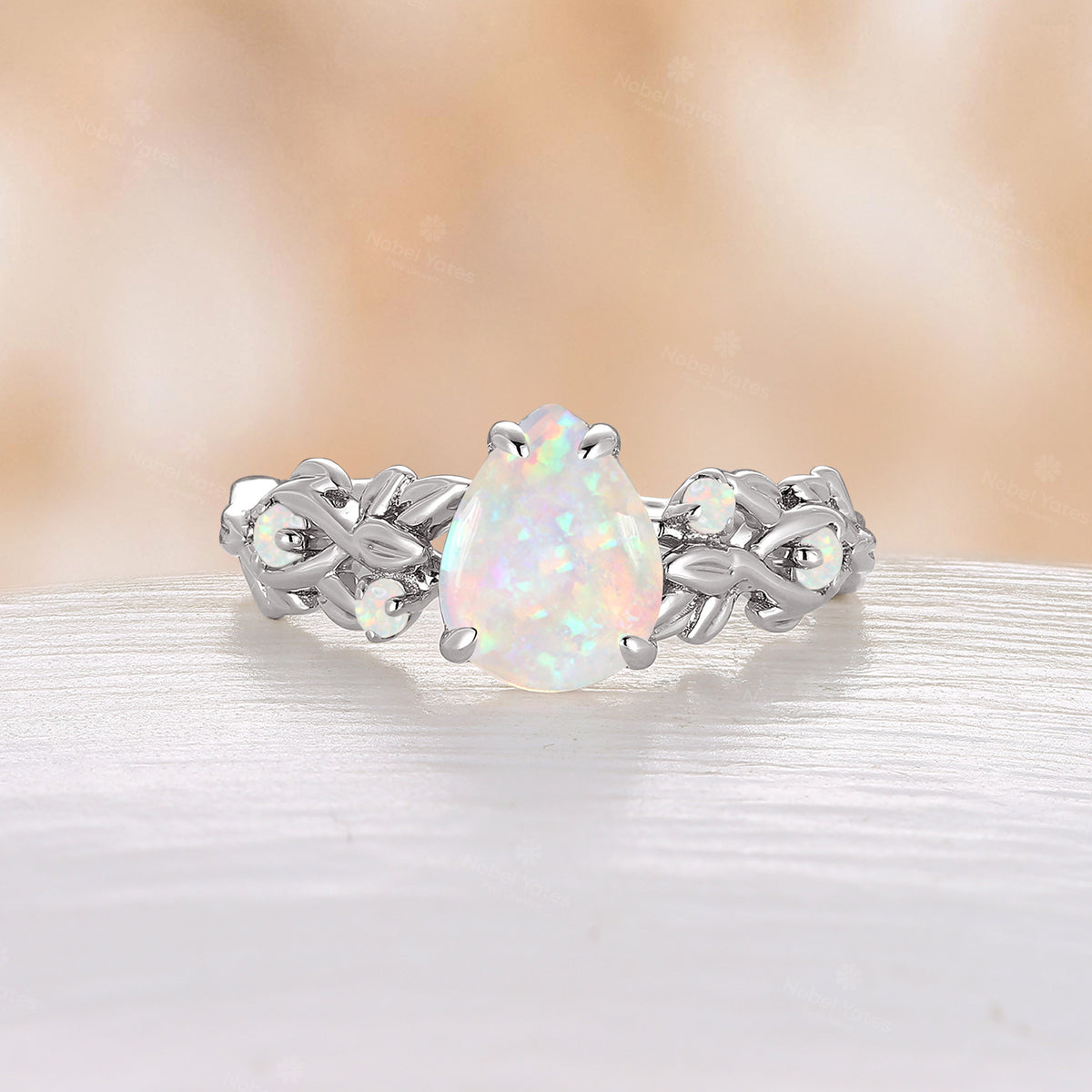 Leaf Nature Inspired White Opal Engagement RingTwist Rose Gold Band