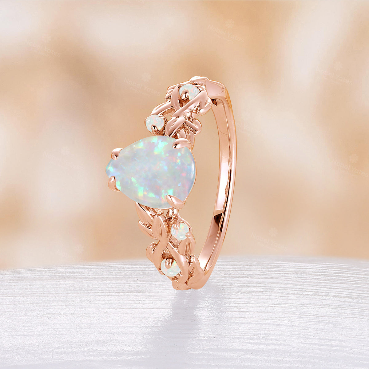 Leaf Nature Inspired White Opal Engagement RingTwist Rose Gold Band