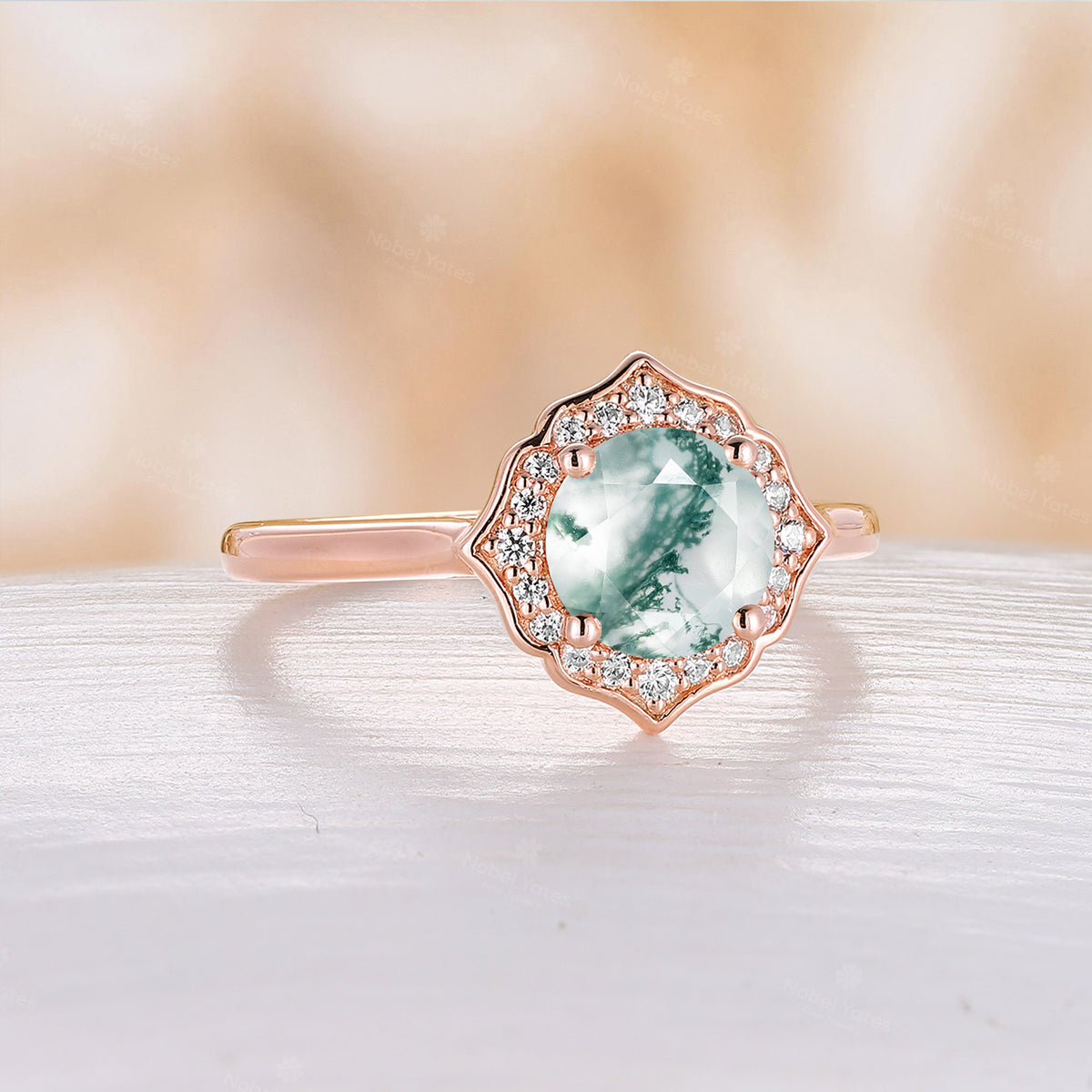 Round Moss Agate Engagement RIng Moissanite Halo Rose Gold Plain Band