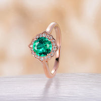 Lab Emerald Round Shape Moissanite Halo Engagement RIng Rose Gold Plain Band