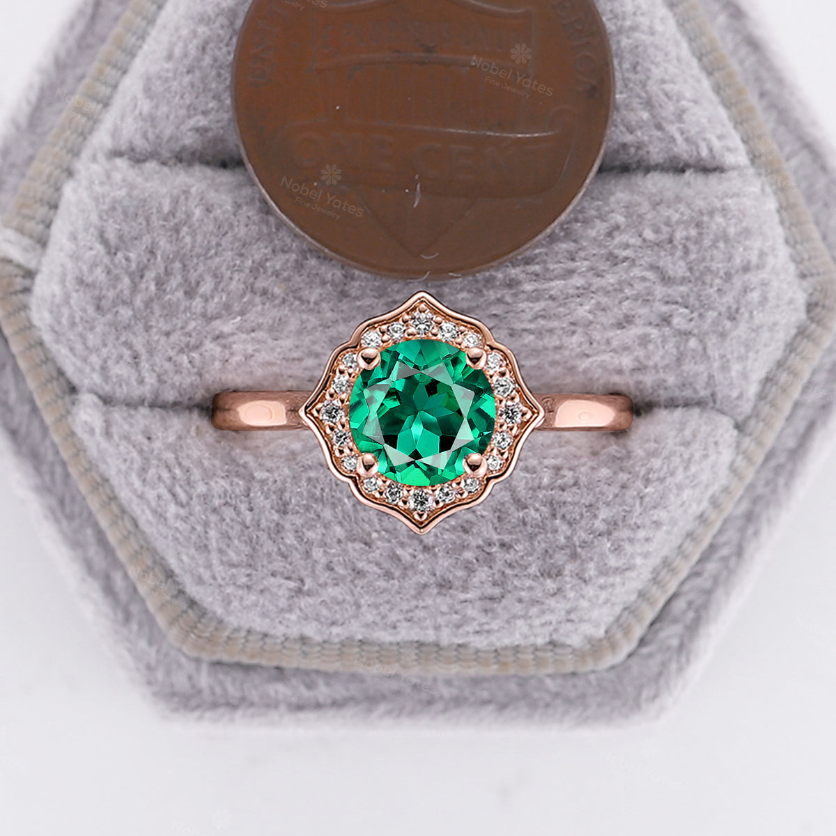 Lab Emerald Round Shape Moissanite Halo Engagement RIng Rose Gold Plain Band