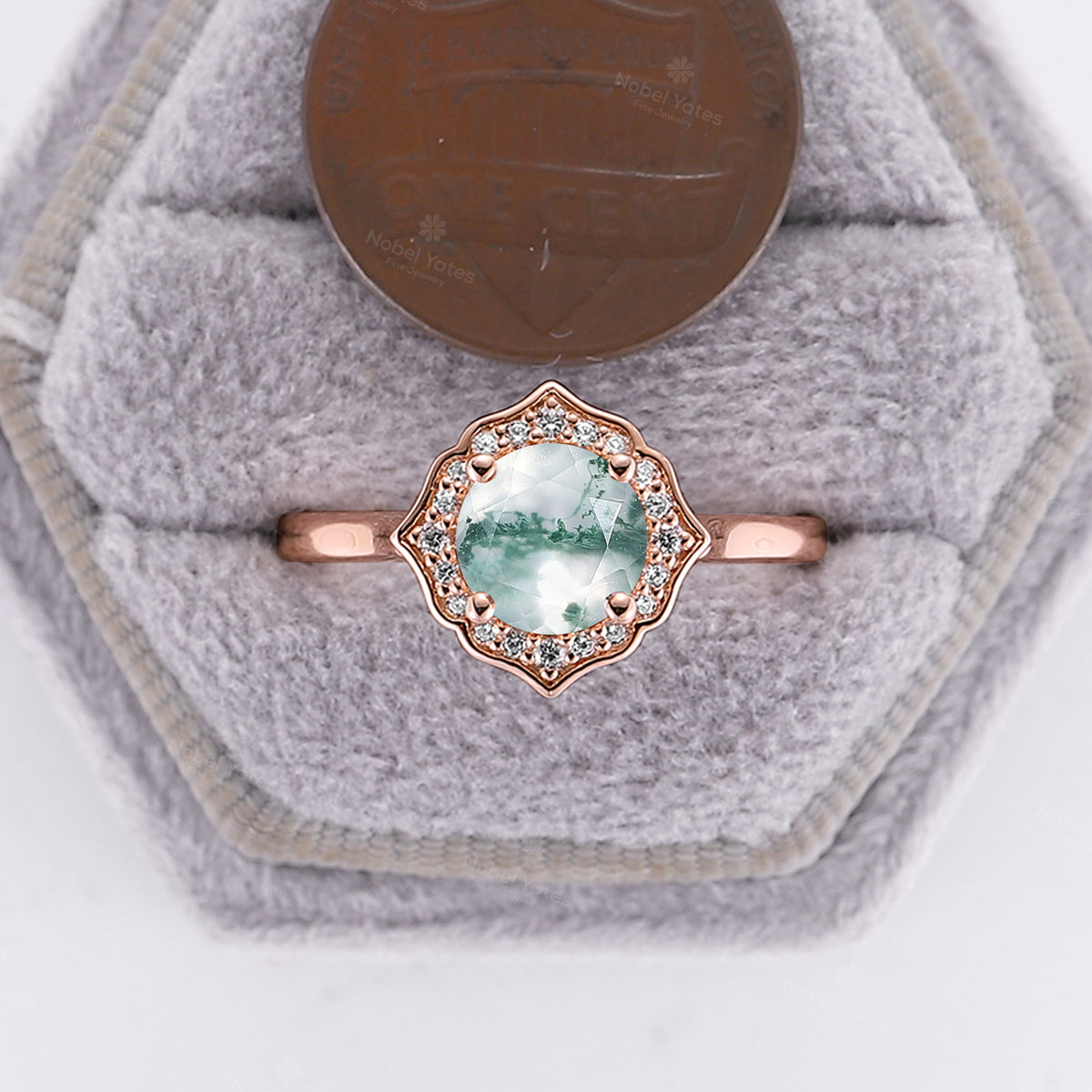 Round Moss Agate Engagement RIng Moissanite Halo Rose Gold Plain Band