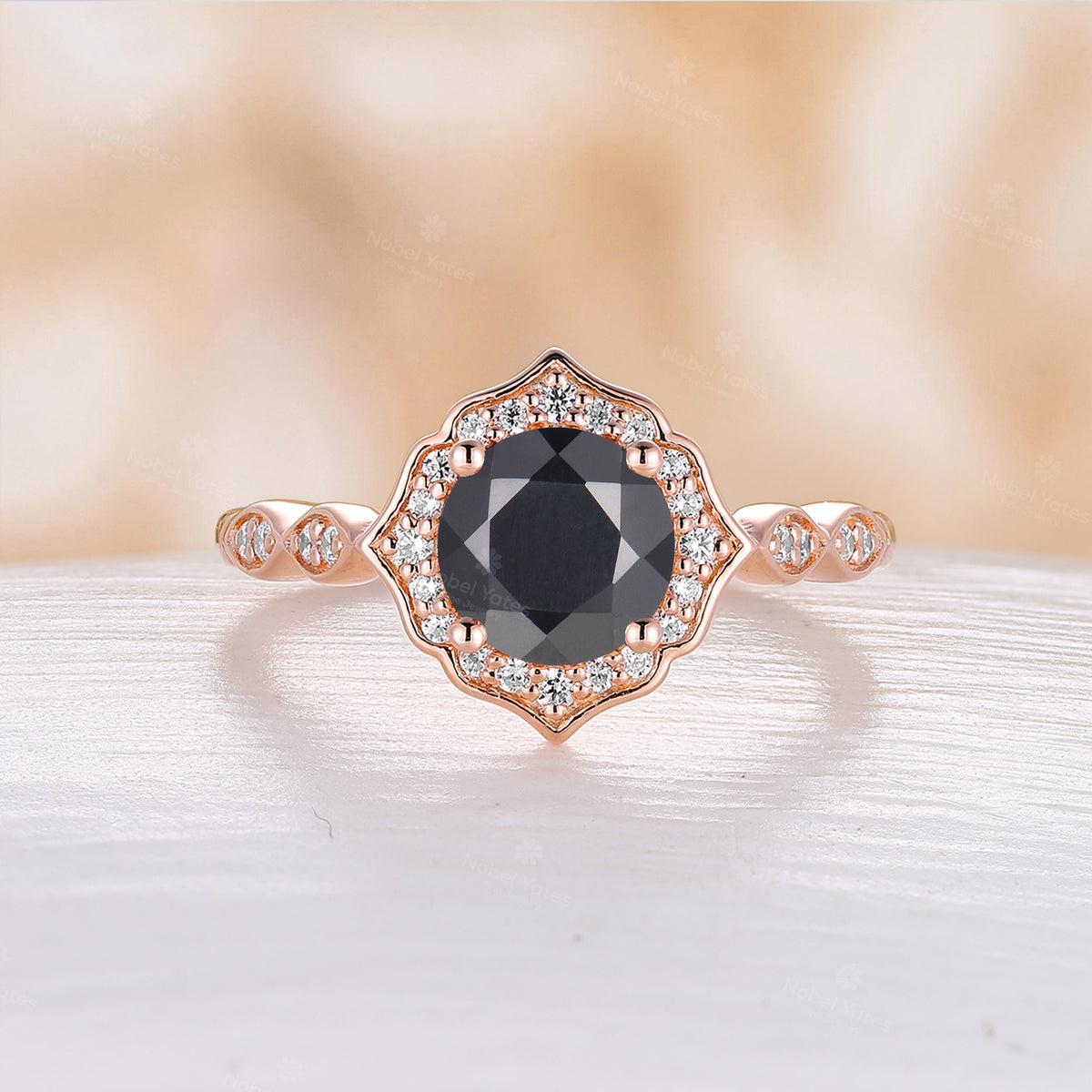 Round Black Onyx Rose Gold Halo Engagement Ring Half Eternity Vintage Band