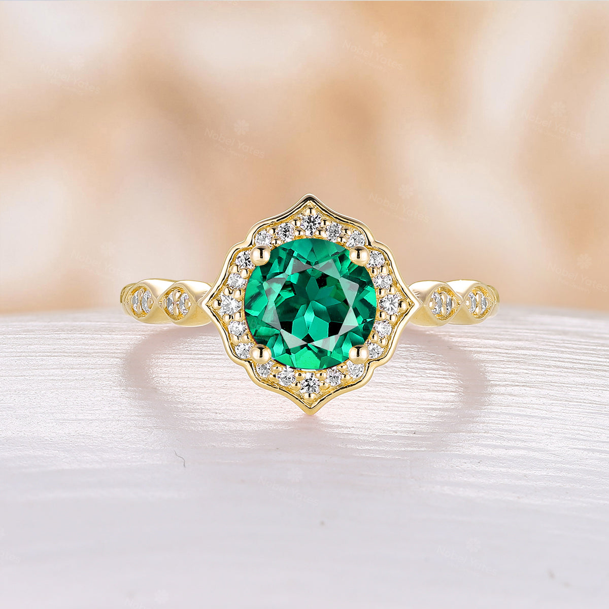 Yellow Gold Round Shape Lab Emerald Engagement Ring Moissanite Halo
