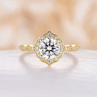 Yellow Gold Round Shape Lab Emerald Engagement Ring Moissanite Halo