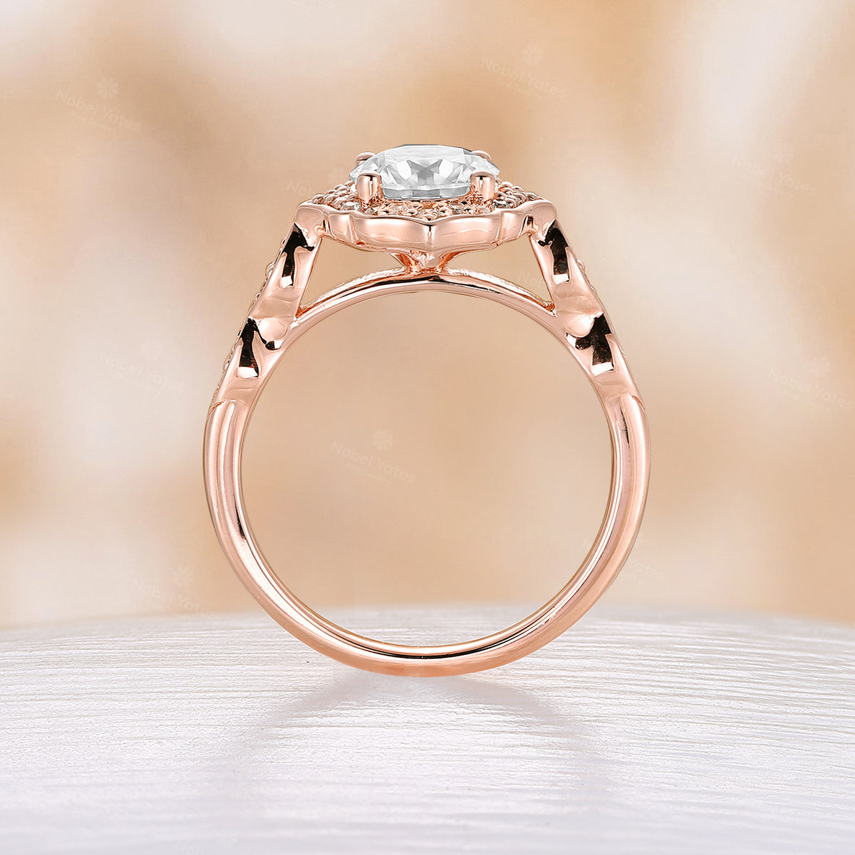 Vintage Round Moissanite Half Eternity Engagement Ring Halo Rose Gold