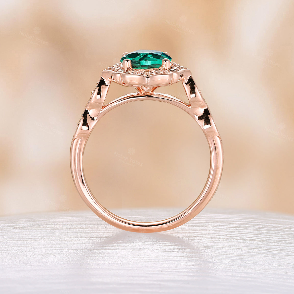 Yellow Gold Round Shape Lab Emerald Engagement Ring Moissanite Halo