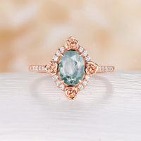 Nature Inspired Flower Oval Shape Moss Agate Moissanite Halo Engagement Ring