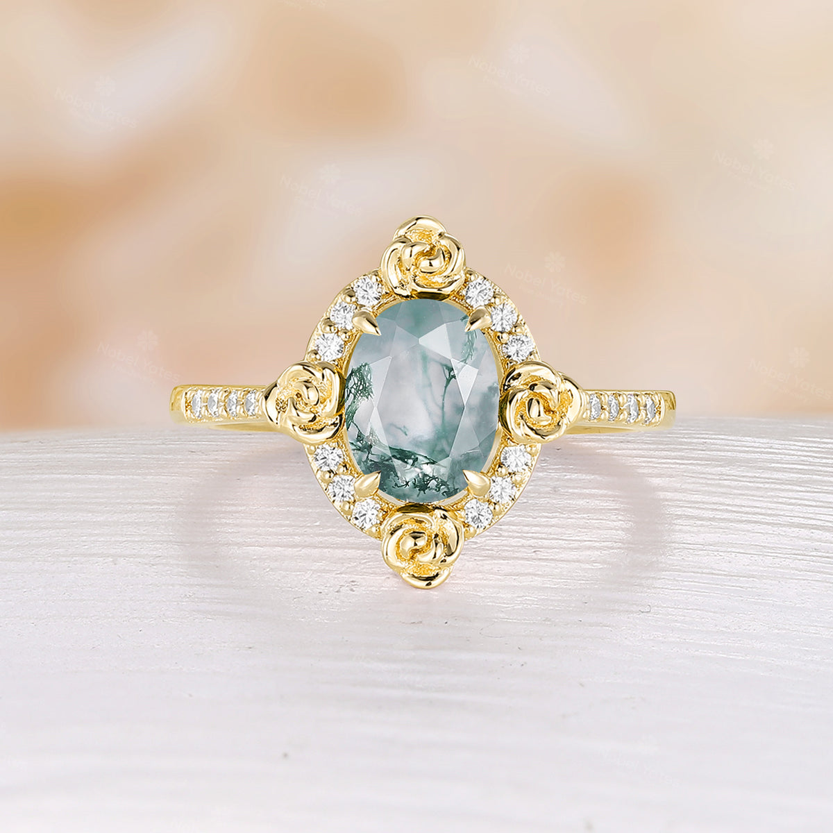 Nature Inspired Flower Oval Shape Moss Agate Moissanite Halo Engagement Ring