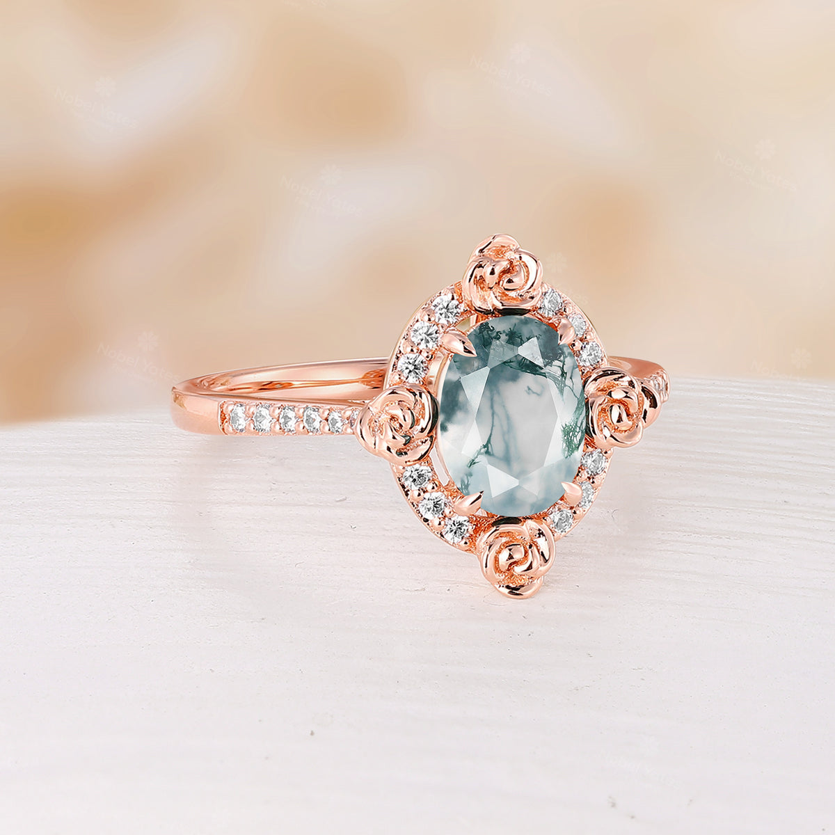 Nature Inspired Flower Oval Shape Moss Agate Moissanite Halo Engagement Ring