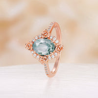 Nature Inspired Flower Oval Shape Moss Agate Moissanite Halo Engagement Ring