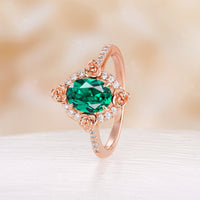 Nature Flower Oval Shape Lab Emerald Moissanite Halo Engagement Ring