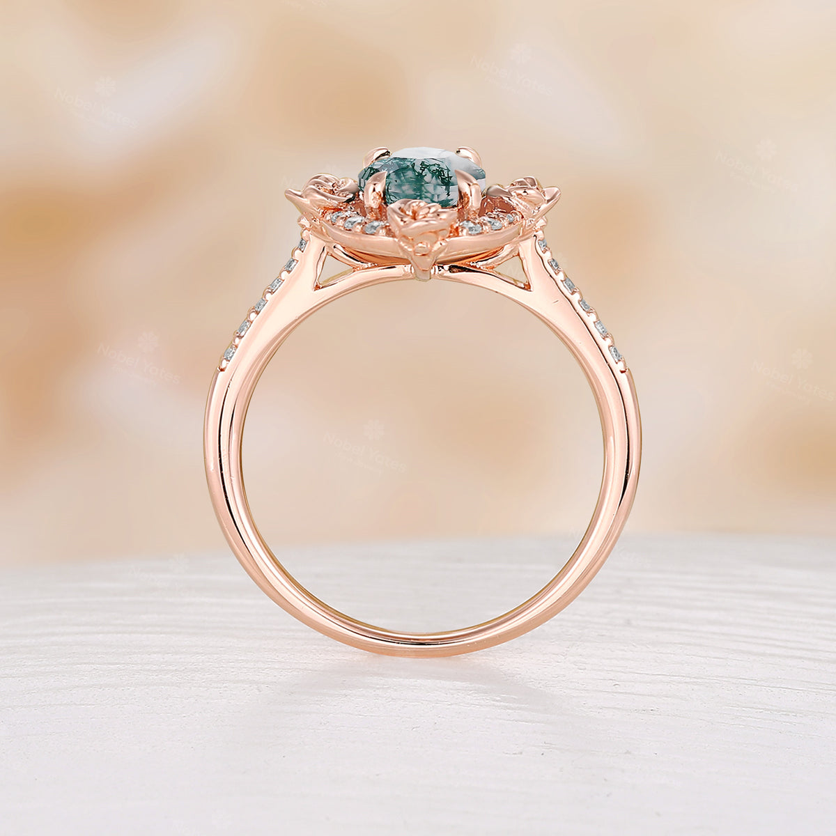 Nature Inspired Flower Oval Shape Moss Agate Moissanite Halo Engagement Ring