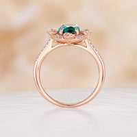 Nature Flower Oval Shape Lab Emerald Moissanite Halo Engagement Ring