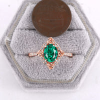 Nature Flower Oval Shape Lab Emerald Moissanite Halo Engagement Ring