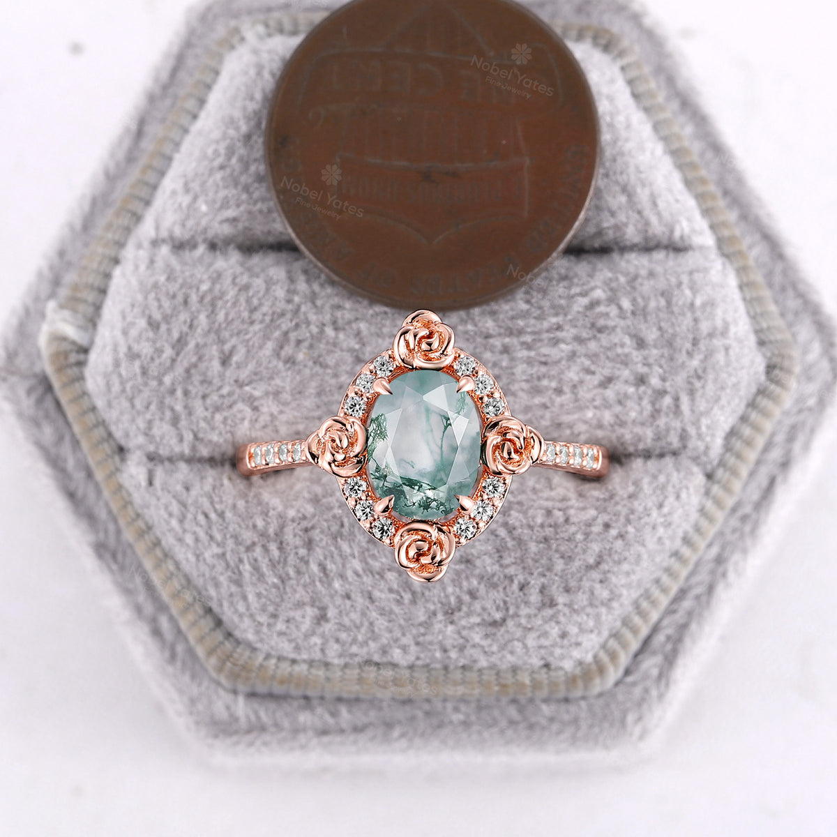 Nature Inspired Flower Oval Shape Moss Agate Moissanite Halo Engagement Ring