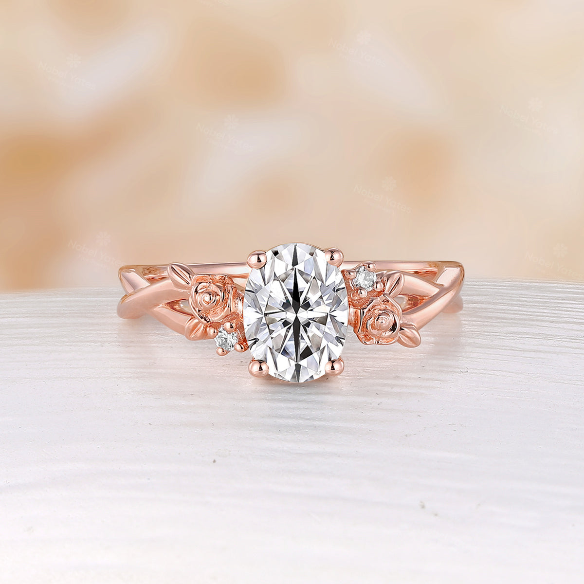 Nature Inspired Rose Foral Oval Cut Lab Emerald Rose Gold Engagement Ring