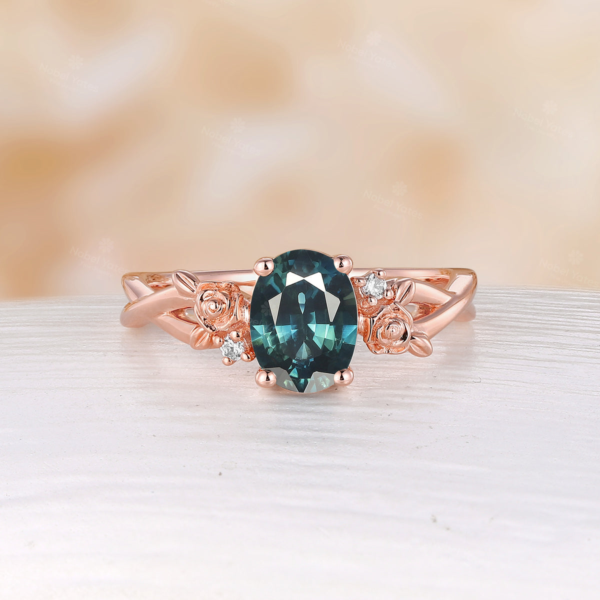 Nature Inspired Rose Foral Oval Cut Lab Emerald Rose Gold Engagement Ring