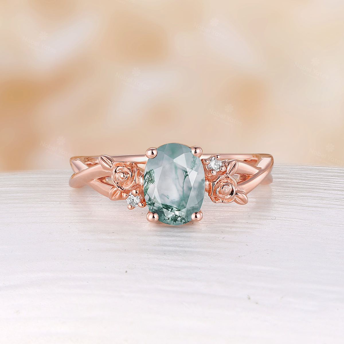 Nature Inspired Rose Foral Oval Cut Lab Emerald Rose Gold Engagement Ring