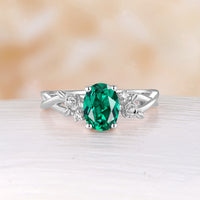 Nature Inspired Rose Foral Yellow Gold Oval Cut Lab Emerald Engagement Ring