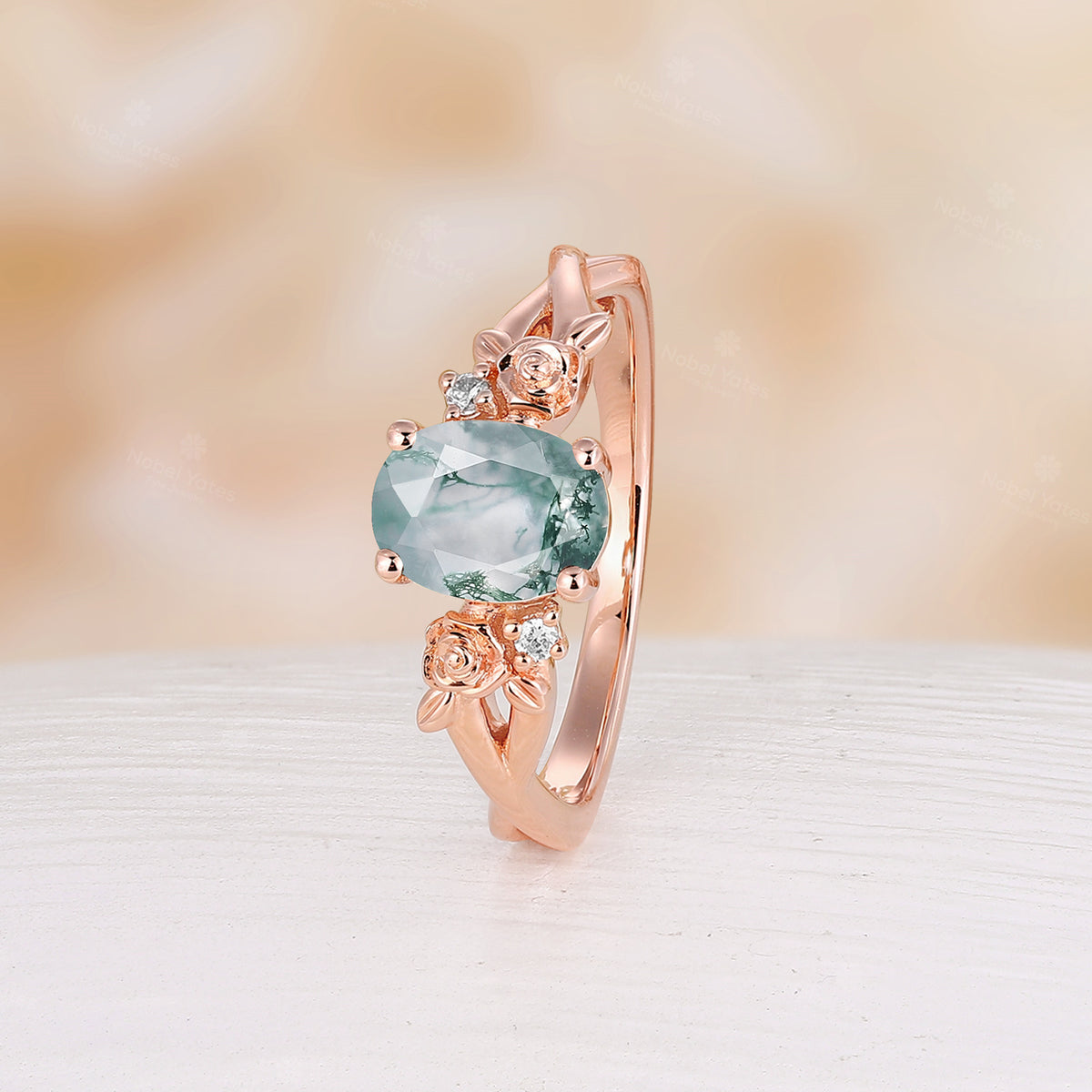 Nature Inspired Rose Foral Oval Cut Lab Emerald Rose Gold Engagement Ring