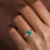 Nature Inspired Rose Foral Yellow Gold Oval Cut Lab Emerald Engagement Ring