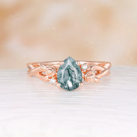 Nature Inspired Moss Agate Rose Foral Pear Cut Rose Gold Engagement Ring