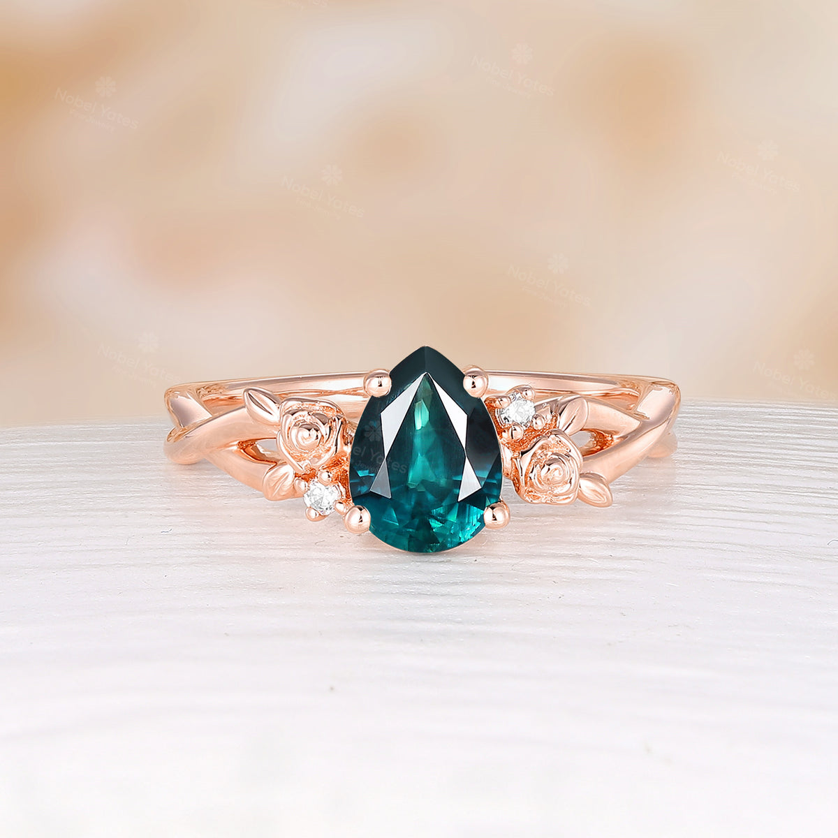 Pear Cut Teal Sapphire Nature Inspired Foral Engagement Ring Rose Gold