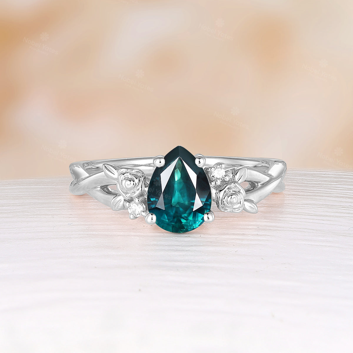 Pear Cut Teal Sapphire Nature Inspired Foral Engagement Ring Rose Gold