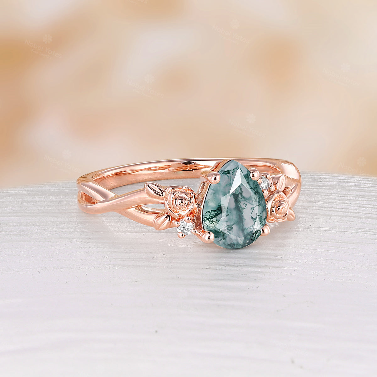 Nature Inspired Moss Agate Rose Foral Pear Cut Rose Gold Engagement Ring