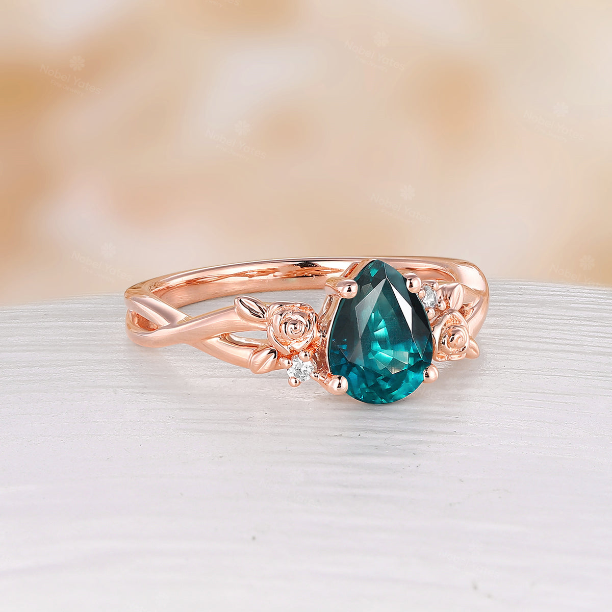 Pear Cut Teal Sapphire Nature Inspired Foral Engagement Ring Rose Gold