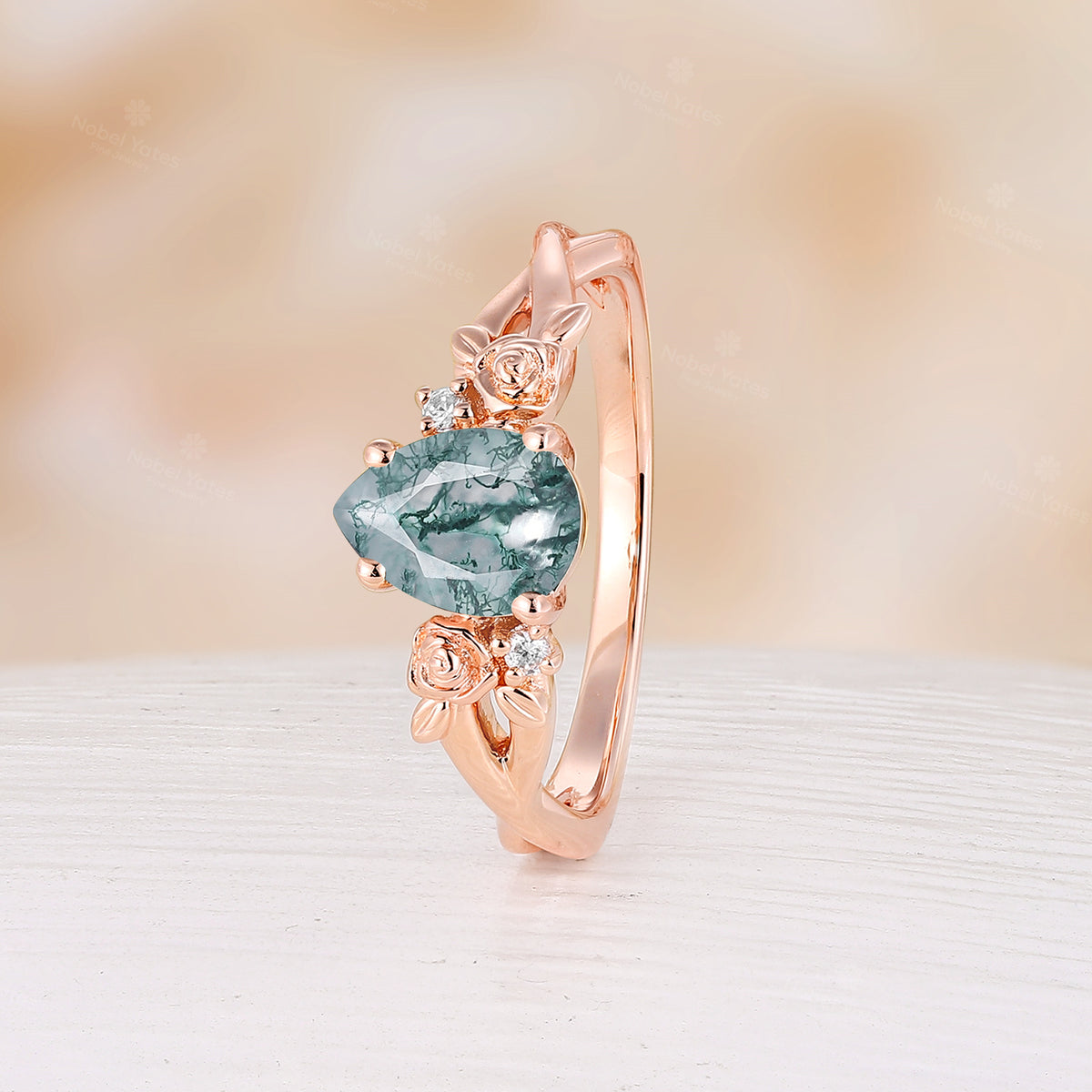 Nature Inspired Moss Agate Rose Foral Pear Cut Rose Gold Engagement Ring