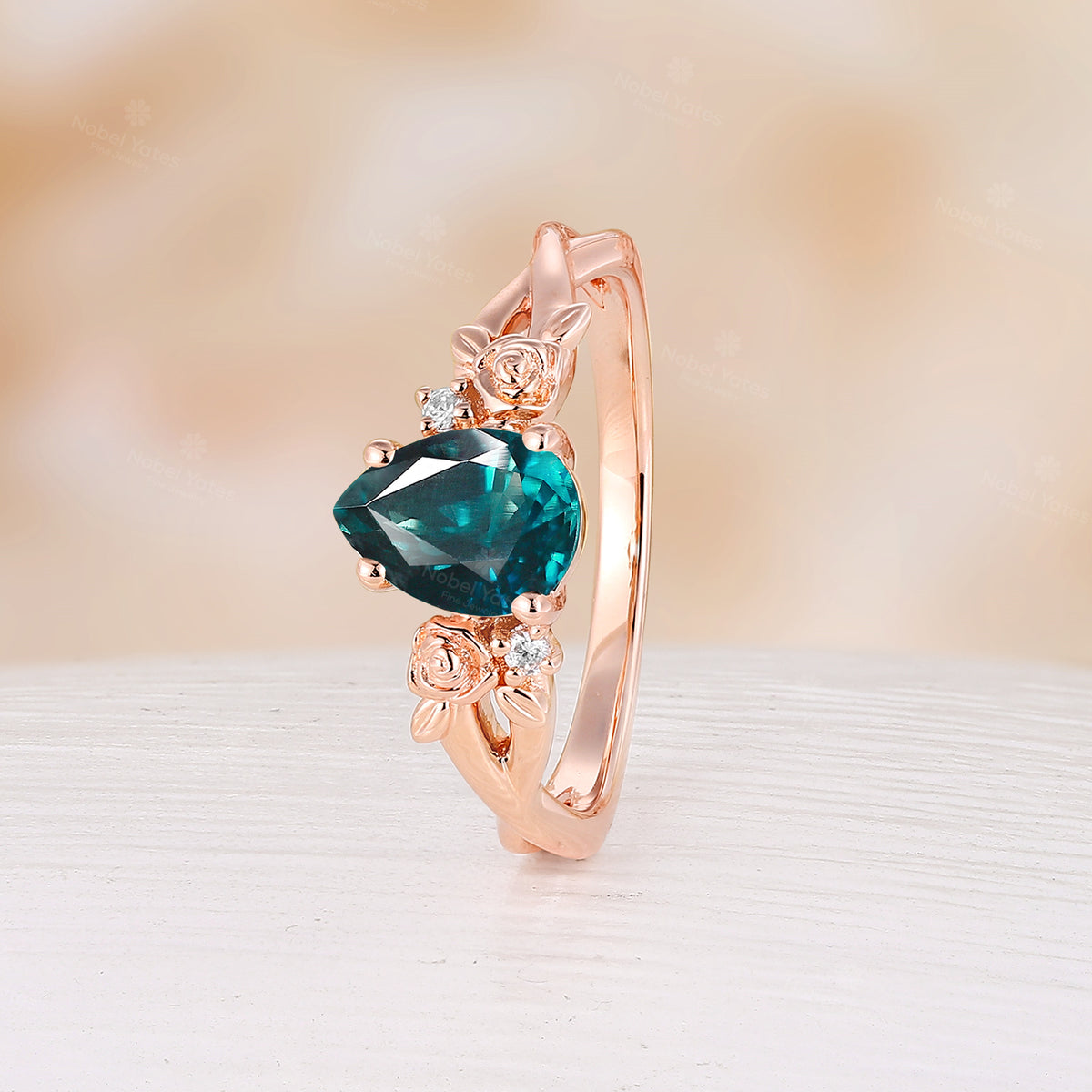 Pear Cut Teal Sapphire Nature Inspired Foral Engagement Ring Rose Gold