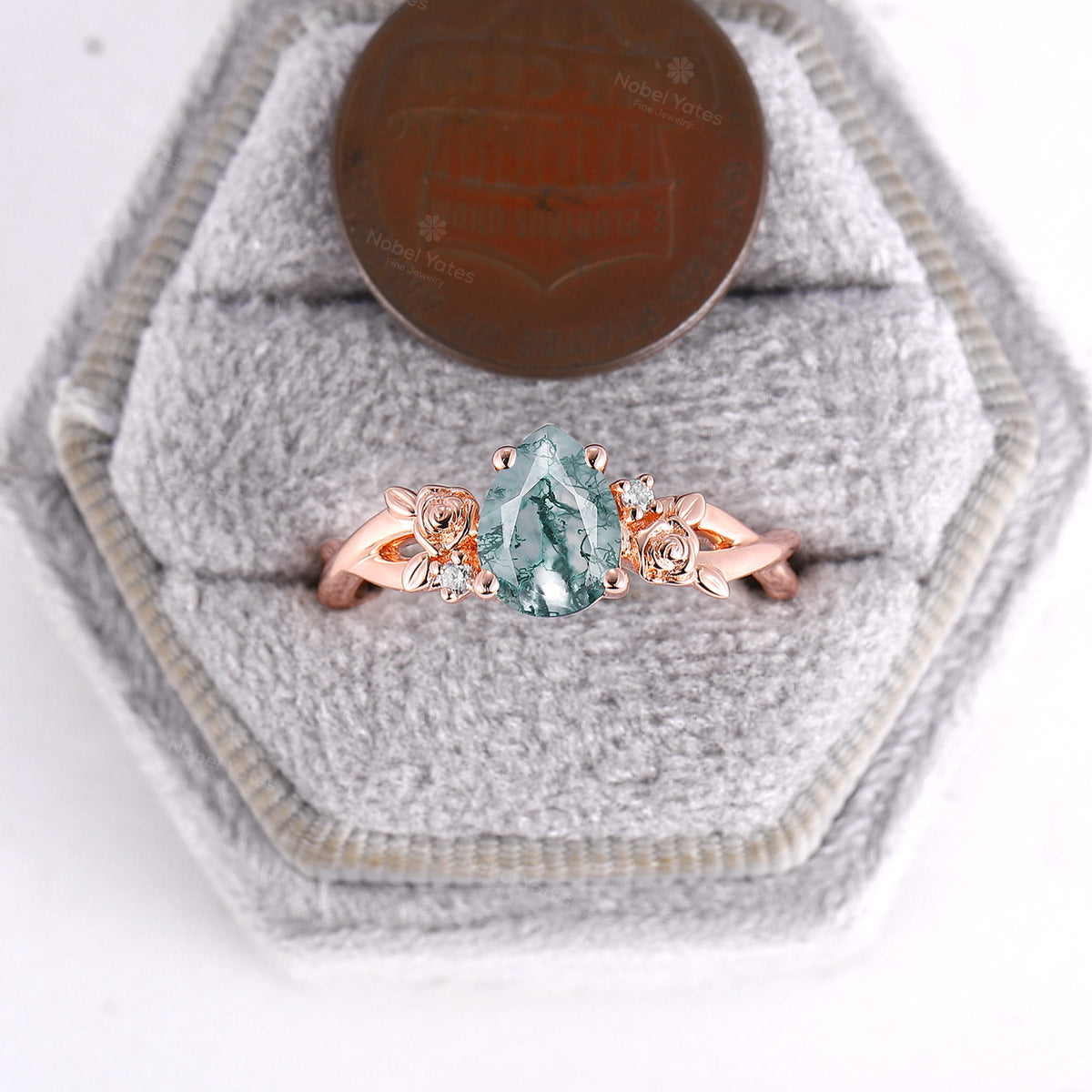 Nature Inspired Moss Agate Rose Foral Pear Cut Rose Gold Engagement Ring