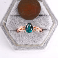 Pear Cut Teal Sapphire Nature Inspired Foral Engagement Ring Rose Gold