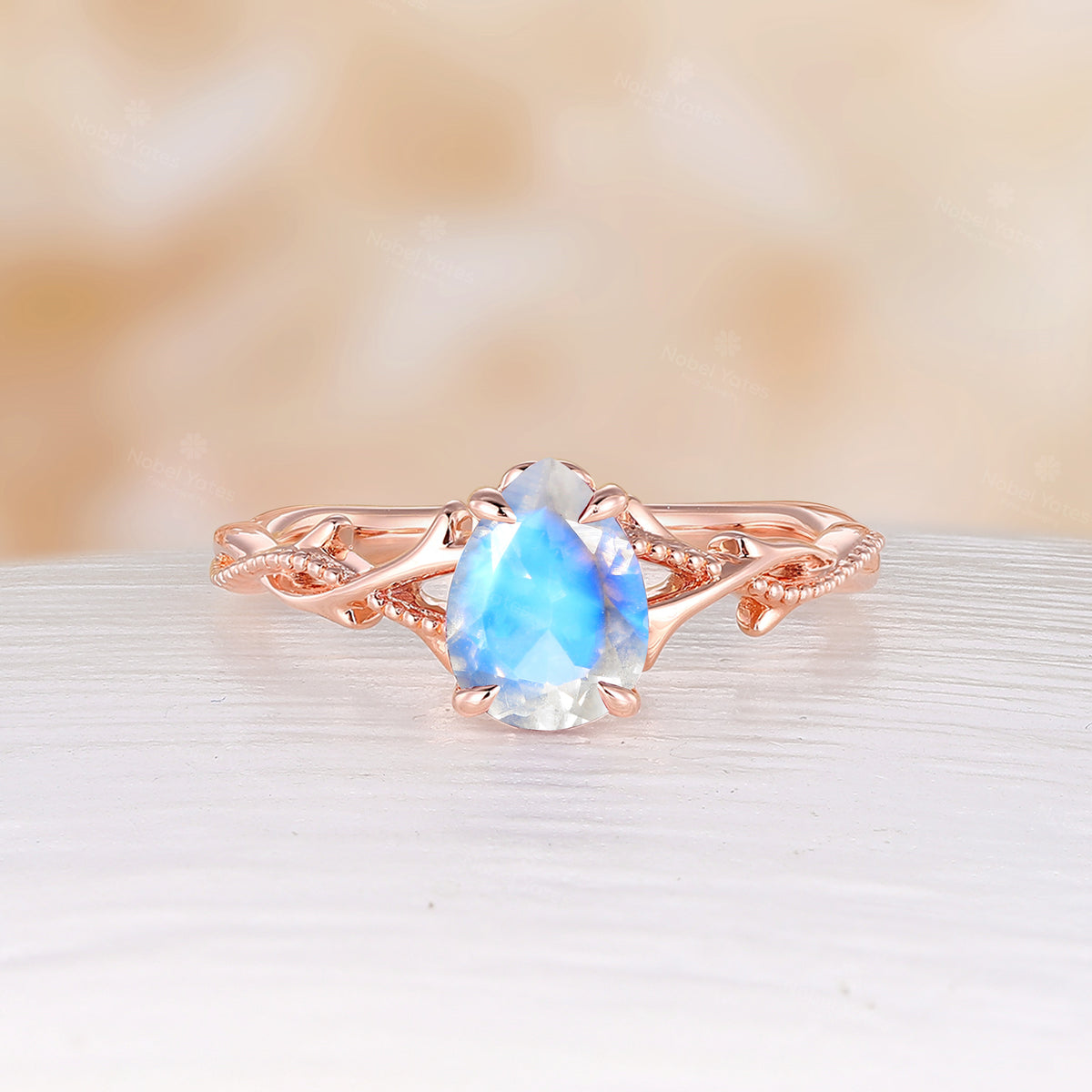 Nature Inspired Twig Pear Cut Moonstone Twist Yellow Gold Engagement Ring