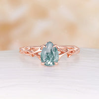 Nature Inspired Twig Pear Cut Moss Agate Twist Rose Gold Engagement Ring