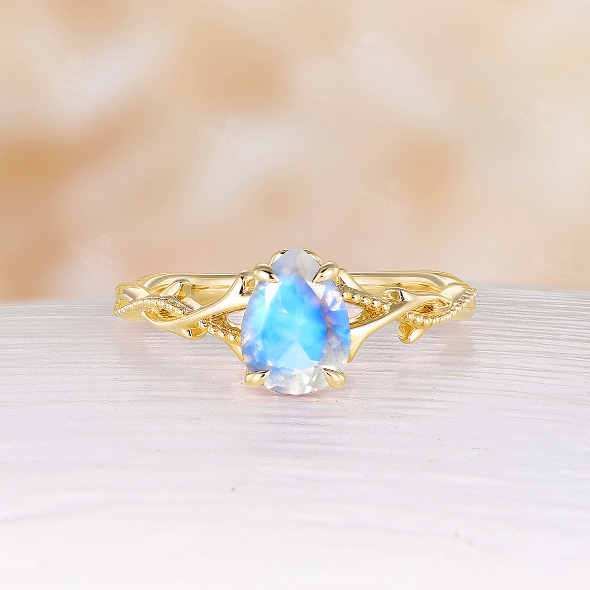 Nature Inspired Twig Pear Cut Moonstone Twist Yellow Gold Engagement Ring