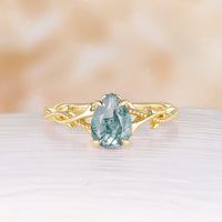 Nature Inspired Twig Pear Cut Moss Agate Twist Rose Gold Engagement Ring