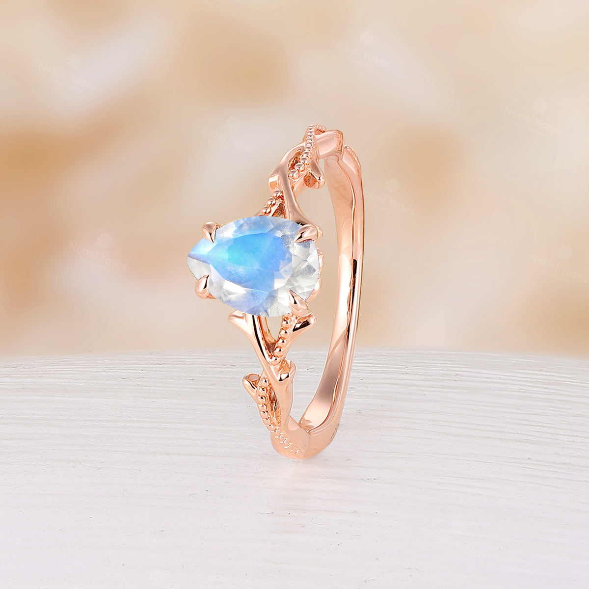 Nature Inspired Twig Pear Cut Moonstone Twist Yellow Gold Engagement Ring